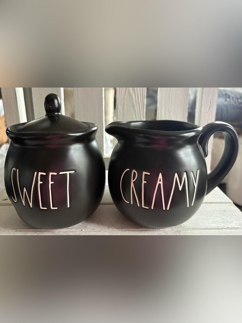 Rae Dunn Black "SWEET & CREAMY" Ceramic Cream and Sugar with Ivory Lettering
